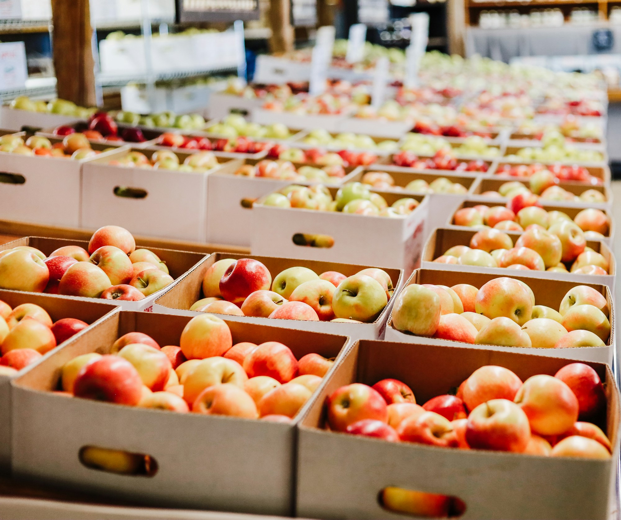 Fresh apple cartons in an orderly produce display